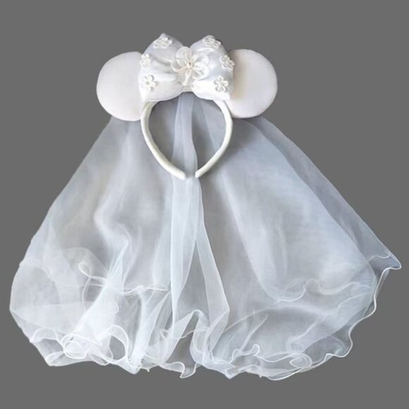 Bridal Veil Headband Mouse Ear Bow Flowers Wedding Bachelorette Jewelry - Picture 5 of 7